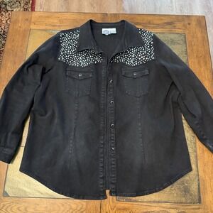 DG2 Diane Gilman Embellished Black Denim Shirt Jacket 2X XXL Long Sleeve Western